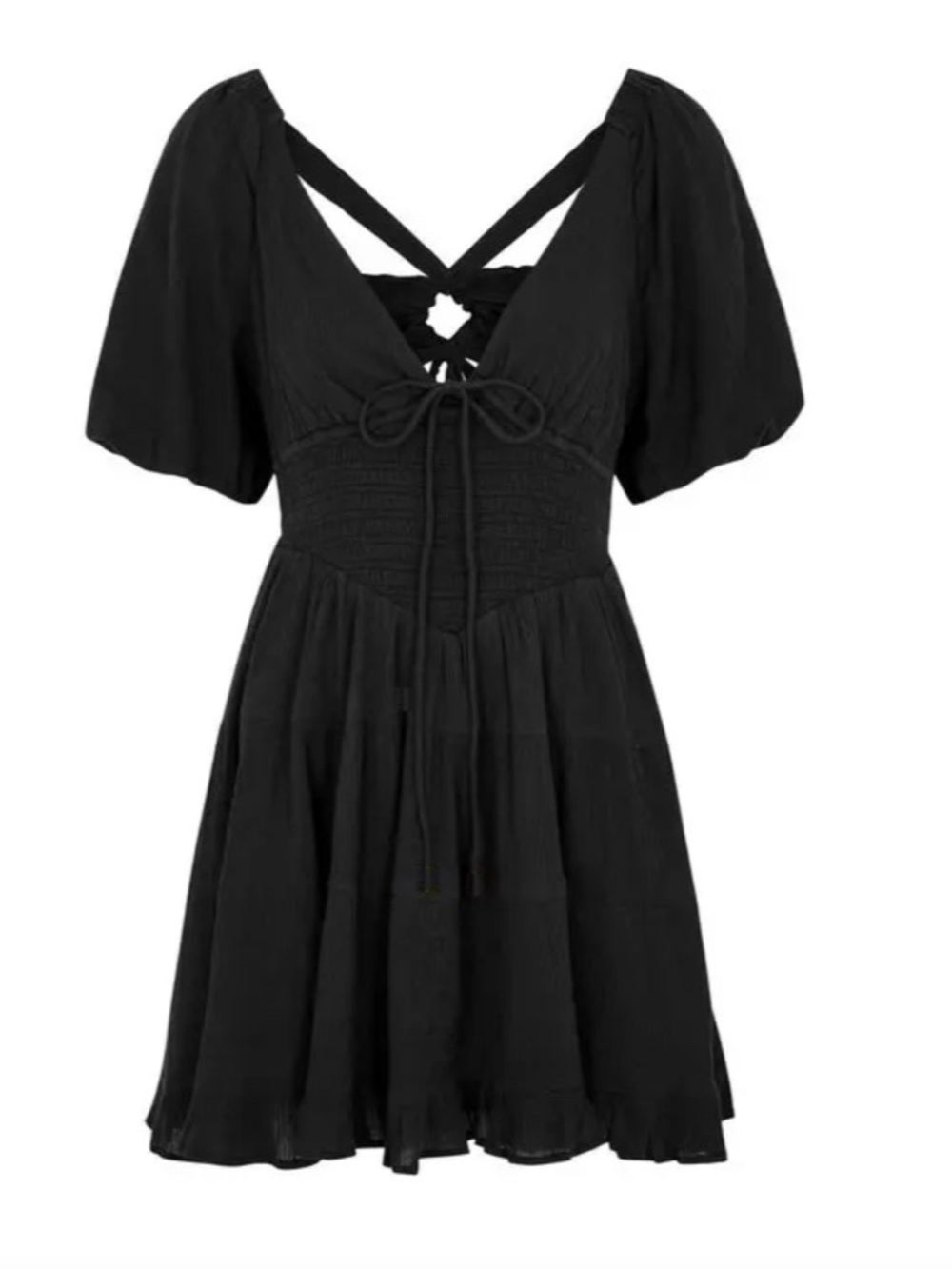 NEW FREE PEOPLE Washed Black PERFECT DAY Cotton Gauze TIERED Tie Mini DRESS XS - Picture 12 of 16